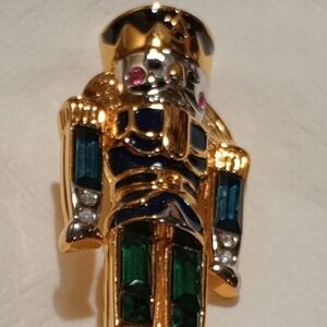 Monet Gold-Tone Brooch with Emerald-Green Stones and Navy Enamel